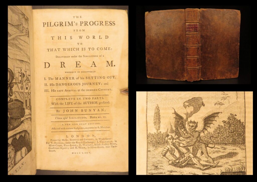1775 – the pilgrim’s progress – john bunyan | woodcut illustrations, life of bunyan | 1775 edition of bunyan’s the pilgrim’s progress, featuring woodcut engravings, biographical sketch, and elegy. Leather-bound