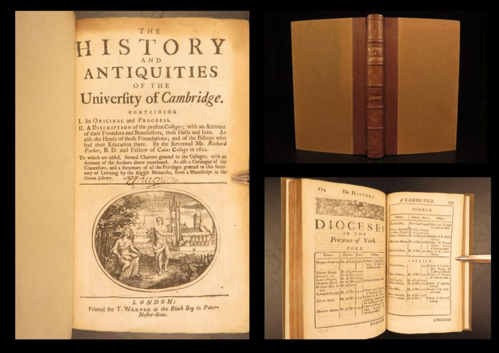 1721 – history of university of cambridge | first edition | richard parker & nicholas cantalupus | first edition of parker’s bilingual history of cambridge, with english translations of two early latin texts on the university’s origin and colleges. Professionally rebound in leather and cloth.
