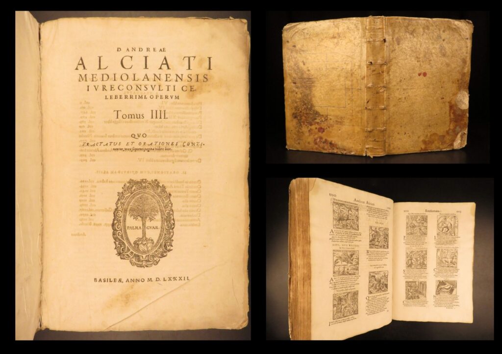 1582 – works of alciati | emblemata, on dueling & combat, roman law, galen | andrea alciati’s opera omnia (1582), volume 4, contains civic legal writings, a latin galen translation, and a roman law glossary, printed in basel by guarinus in folio format.