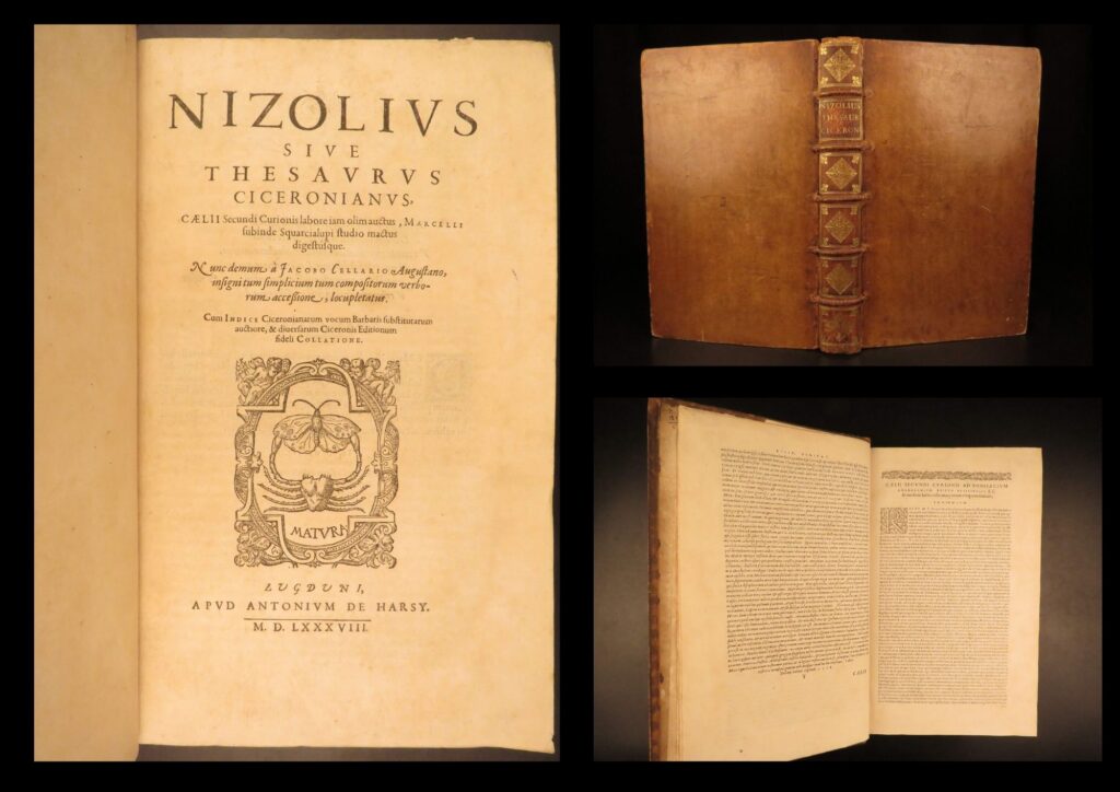 1588 – nizolius cicero lexicon | famous dictionary of cicero’s writings, huge folio | 1588 latin lexicon by mario nizolio based on cicero’s vocabulary, printed in lyon in folio format, central to renaissance humanist studies in classical rhetoric.