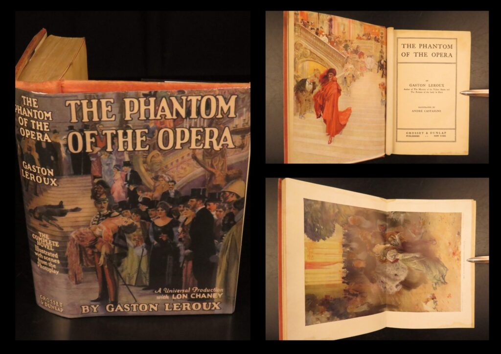 The phantom of the opera – gaston leroux – 1920s | andre castaigne illustrations | this early edition of gaston leroux’s <em>the phantom of the opera</em> features castaigne double-page illustrations, demonstrating the tale of the paris opera house ghost and his obsessive love for a beautiful young opera singer.