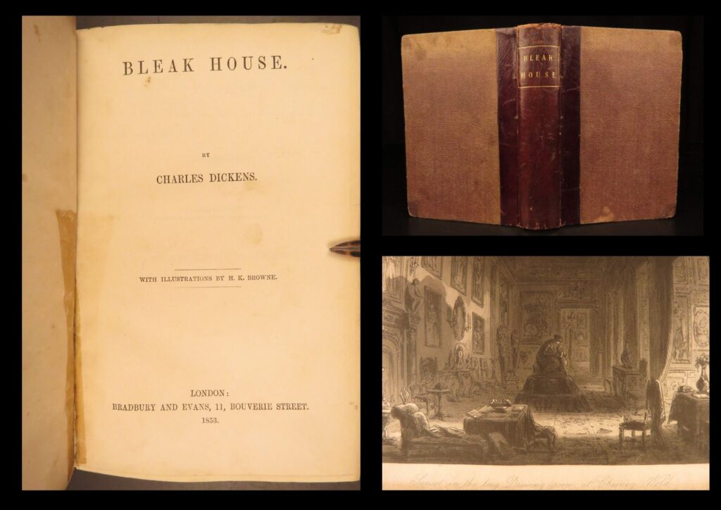 Bleak house – charles dickens – 1853 | first state, illustrations by phiz | <em>bleak house</em> by charles dickens is renowned for its sharp satire of the victorian legal system and its early experimentation with the detective genre. This first printing is illustrated with 40 plates by phiz.