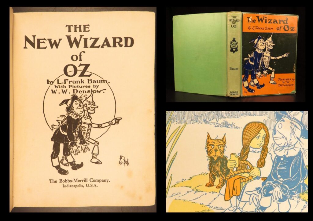 The new wizard of oz – l. Frank baum – 1903 | bobbs-merrill edition, denslow illustrations | this is an early bobbs-merrill printing of <em>the new wizard of oz</em> by l. Frank baum, illustrated by w. W. Denslow following the classic tale of dorothy as her adventures in oz teach her that there is no place like home.