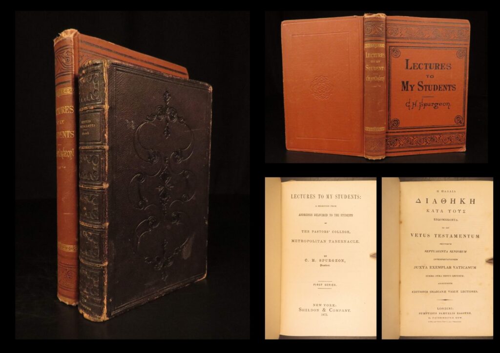 1830 – charles spurgeon lectures & baptist writings | greek bible | 2 volumes | 2 book lot of religious texts that include “<em>lectures to my students</em>” by charles spurgeon and a greek bible published in london circa 1830.