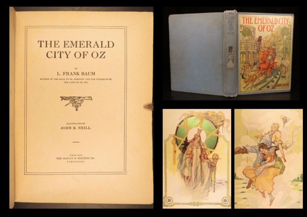 Emerald city of oz – l frank baum – 1910 – true first edition | this fine first edition, first state of <em>the emerald city of oz </em>by l. Frank baum, features metallic-green color plates by john r. Neill and all established issue points, a cornerstone volume in the baum oz series.