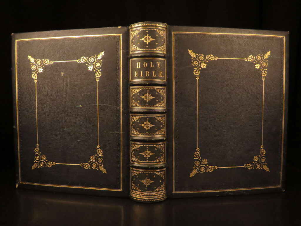 1860 – the royal family bible | stunning gilt leather with maps and plates | the royal family bible, london printing and publishing company, 1860, folio leather-bound edition with three maps, twenty-three plates, and introduction essay by john stoughton.