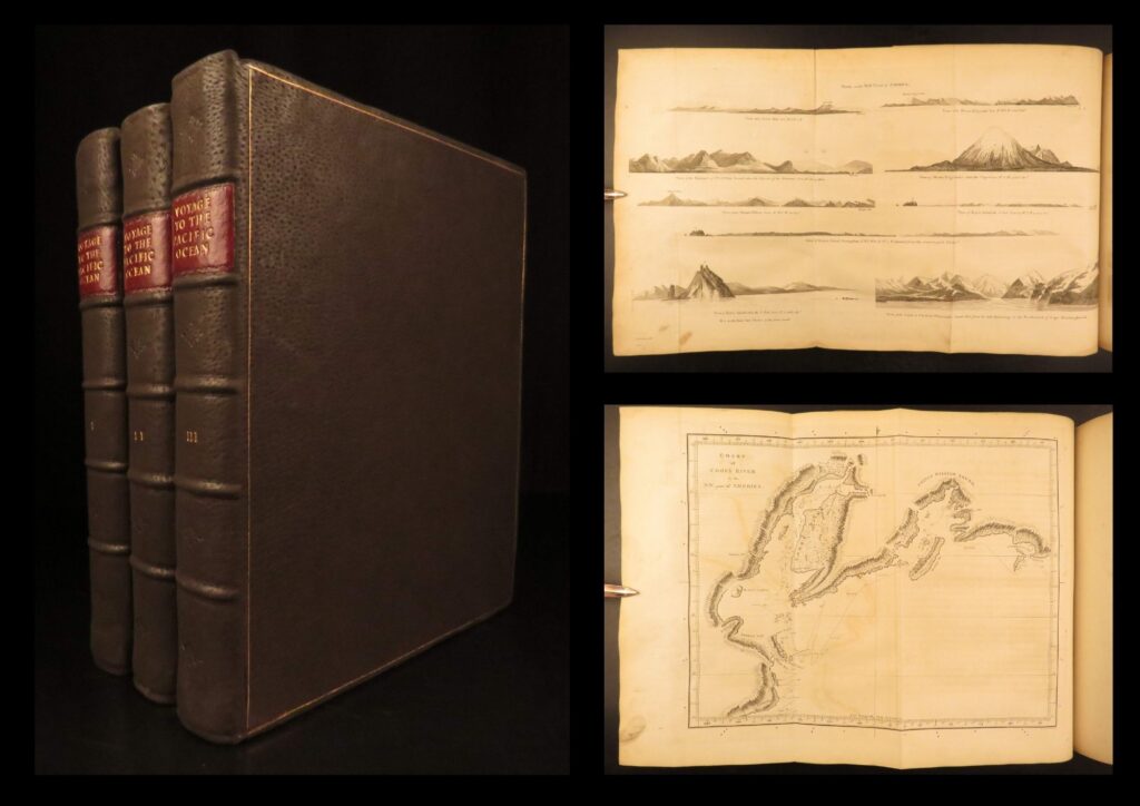 1784 1ed capt james cook pacific voyage illustrated maps eskimos hawaii 3v set | <em>“remember, the greater the opportunity, the fewer are those who see it. ”</em> <em> </em>– james cook <em> </em> james cook was an 18<sup>th</sup>-century british explorer known for his three major world voyages. The initial reason for his expeditions was to seek clarification and discover unknown regions in the southern hemisphere, mainly australia and the surrounding islands. According to hill, “in three great voyages cook did more to clarify the geographical knowledge of the southern hemisphere than all his predecessors had done together. He was the first really scientific navigator and his voyages made great contributions to many fields of knowledge” &nbsp; the third pacific voyage, which began in 1776, took cook and his crew around new zealand and hawaii. On this trip, cook took his ship northward to the aleutian islands reaching to the arctic circle. Cook eventually died upon his return to hawaii, after angering the king of hawaii. The events of this voyage became quite popular in the western world, much in part to the narrative that cook himself wrote concerning the journey. &nbsp; this <strong><u>1784 first quarto edition</u></strong> of the third voyage is incredibly rare and valuable! In it, authors describe cook’s experiences amongst the natives of north america, walrus hunts, and even an illustrated account of cook’s death in hawaii! Note the highly coveted full-page and folding maps – including the map of the sandwich islands!