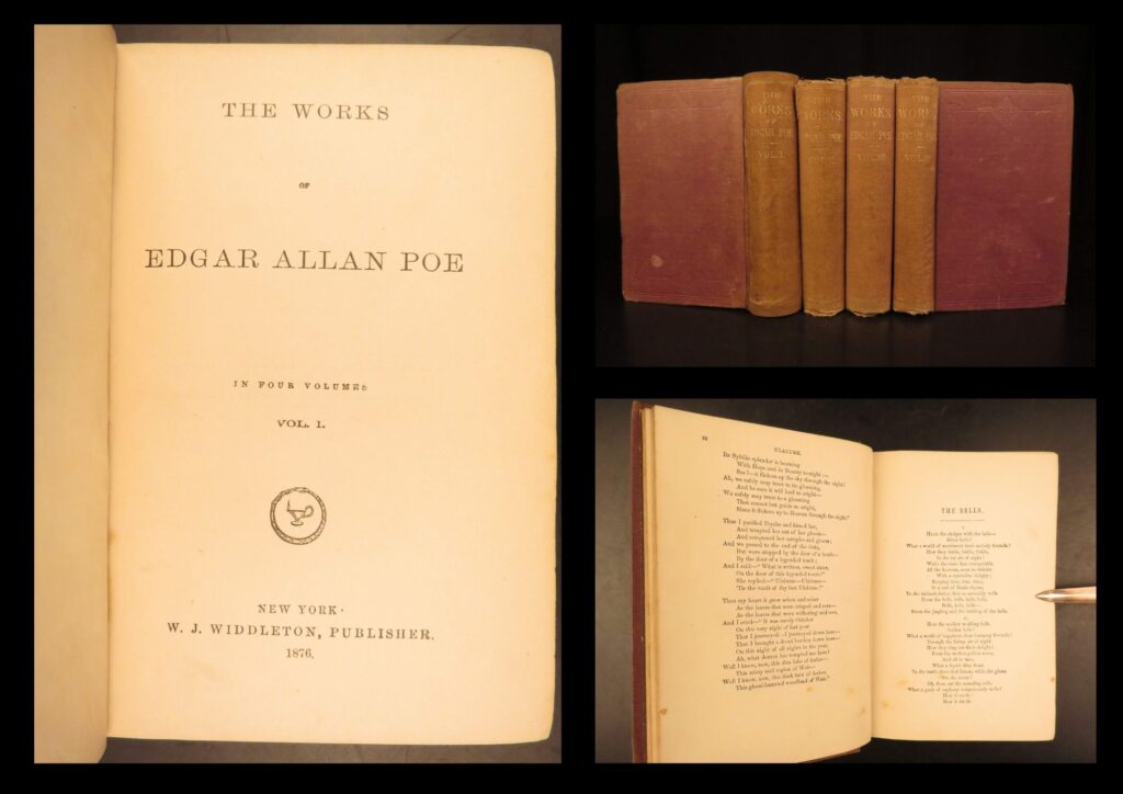 1876 edgar allan poe raven bells poetic occult horror poetry arthur gordon pym | <em>“hear the sledges with the bells, silver bells, what a world of merriment their melody foretells! ” </em> – poe, <em>‘the bells’</em> <em> </em> edgar allan poe is widely regarded as a central figure of romanticism in the united states and american literature, and he was one of the country's earliest practitioners of the short story. Poe is generally considered the inventor of the detective fiction genre and is further credited with contributing to the emerging genre of science fiction. <em> </em> this four-volume widdleton edition features some of the most famous poe works, such as ‘<em>the raven</em>’ and ‘<em>the bells</em>’ as well as his only novel “<em>narrative of arthur gordon pym</em>”.