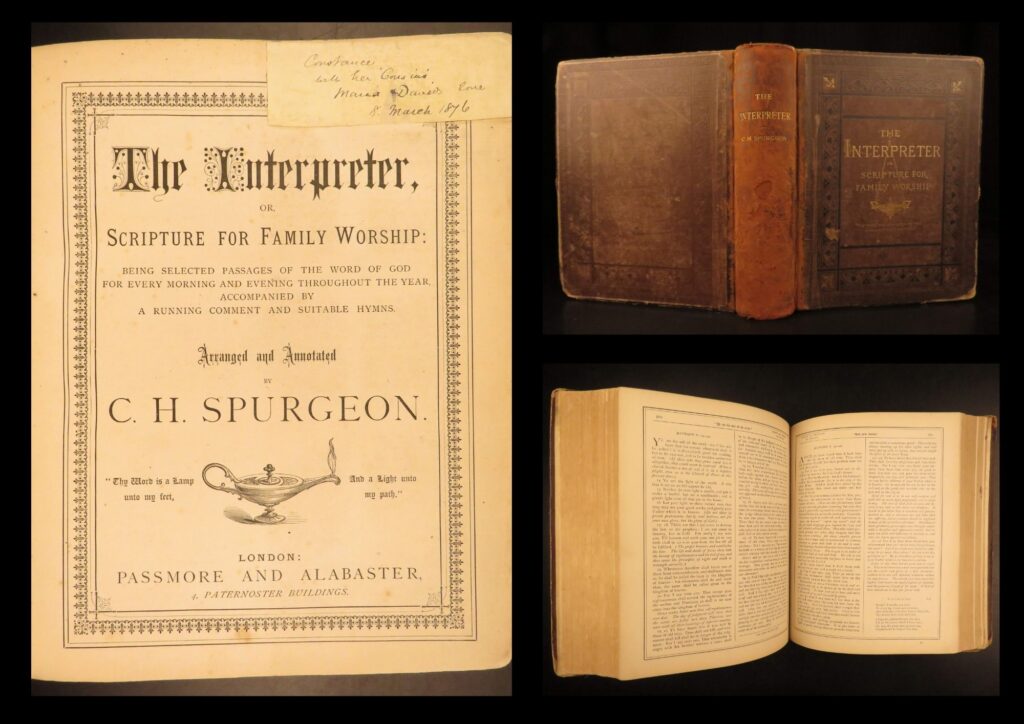 1874 rare charles spurgeon 1ed the interpreter bible commentary huge devotional | <em>“have you no wish for others to be saved? Then you're not saved yourself, be sure of that! ”</em> <em>― </em>c. H. Spurgeon &nbsp; charles haddon spurgeon, "the prince of preachers," wrote many bible commentaries and sermons. His “<em>interpreter</em>” is an enormous, thorough bible commentary focusing on various passages, stories, and characters from the bible that serves not only as scripture but as a daily devotional. &nbsp; this tome is a huge volume – a departure from most spurgeon works from this era that are much smaller.