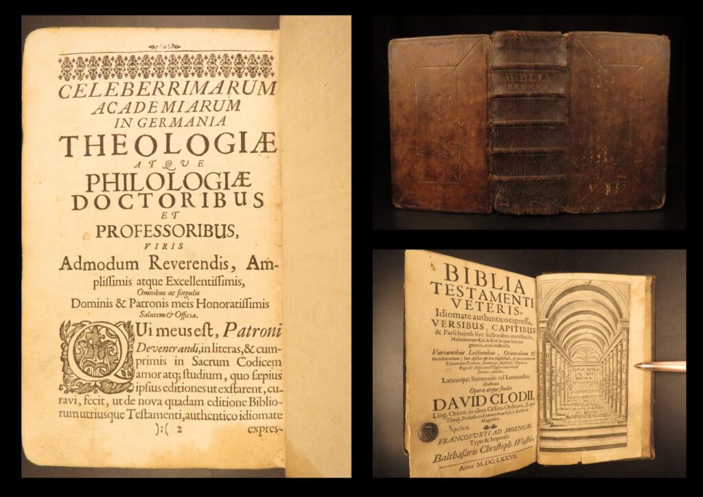 1677 – biblia testamenti veteris – david clodius | complete hebrew masoretic bible | printed in frankfurt in 1677, david clodius’s biblia testamenti veteris contains the hebrew pentateuch with masoretic notes.