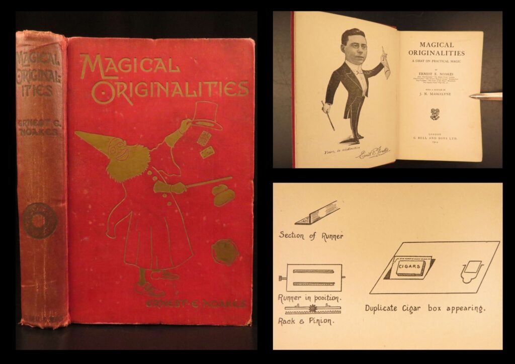 1914 – magical originalities | ernest noakes | coin & card tricks, sleight of hand | rare 1914 conjuring book by ernest edward noakes featuring card, coin, and rice bowl tricks with a preface by j. N. Maskelyne in original gilt-stamped cloth binding.