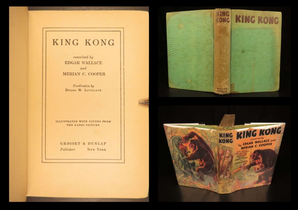 1932 – king kong – delos lovelace | first edition – famous scifi monsters! | first edition of king kong by delos lovelace (1932), the official novelization predating the 1933 rko film. Features pictorial endpapers of movie scenes and facsimile jacket.