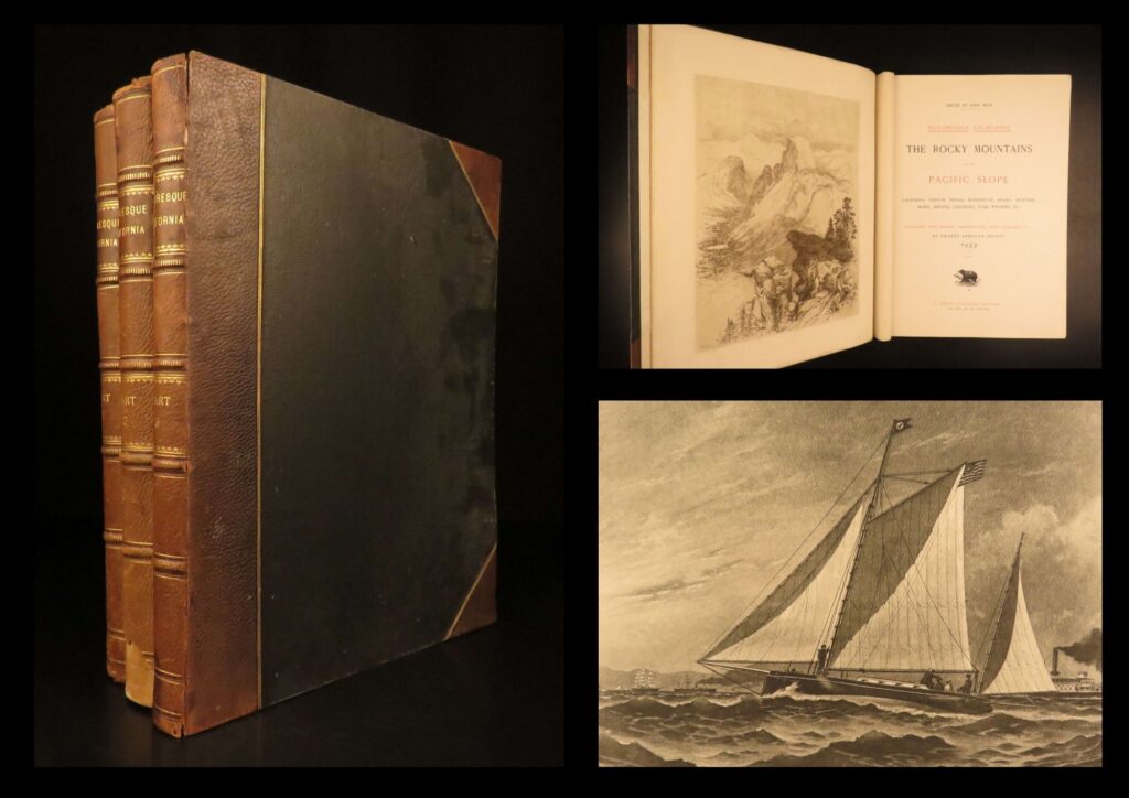 1888 – picturesque california, john muir | first edition folios – illustrated rocky mountains | john muir’s 1888 folio picturesque california in three volumes features western scenes and steel engravings throughout, reflecting 19th-century visual and written portrayals of the pacific slope and the rockies.