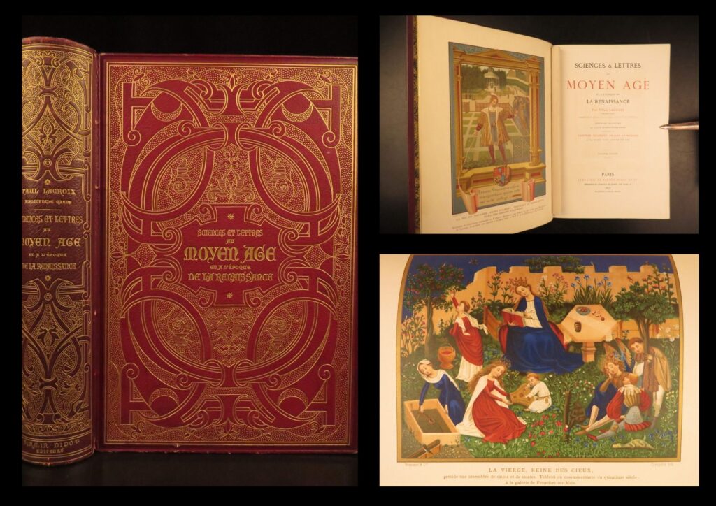 1877 – sciences & lettres of middle ages – paul lacroix | chromolithographs, gilt binding | paul lacroix’s sciences & lettres au moyen âge (1877) covers medieval medicine, alchemy, language, romance stories, and superstition. Illustrated with full-page chromolithographs and bound in original red gilt boards.