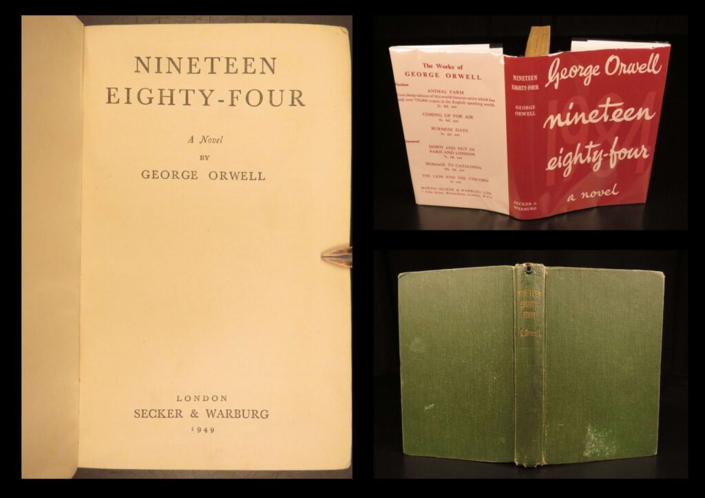 1949 – nineteen eighty-four – george orwell – 1949 | dystopian novel, true first uk edition | this true first uk edition of george orwell’s dystopian classic <em>nineteen eighty-four</em> warns of the dangers posed to independent thought under the control of big brother’s totalitarian government.