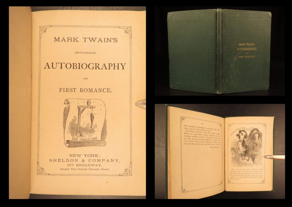 1871 – mark twain’s burlesque autobiography & first romance | illustrated first edition | twain’s 1871 satire printed by sheldon, combining two unrelated comic tales with nursery rhyme illustrations and a known history of suppression by the author.