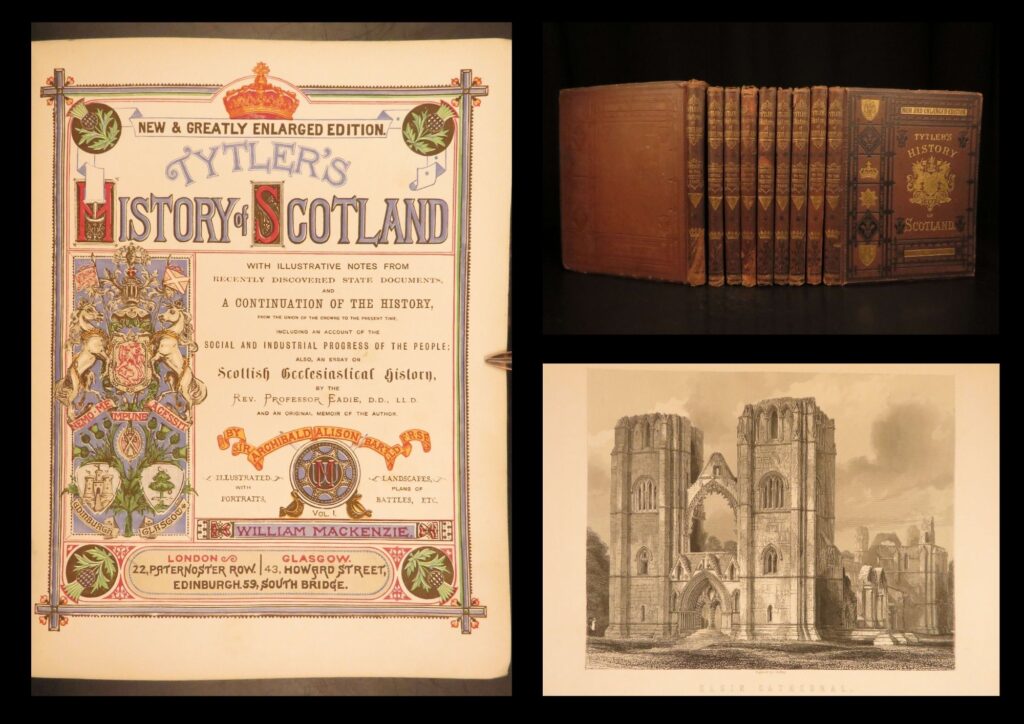 1875 – history of scotland – tytler | maps, portraits & cathedrals – 9v set | tytler’s illustrated history of scotland, published circa 1875 in nine volumes, includes church commentary by john eadie, engraved title pages, maps, and portraits.