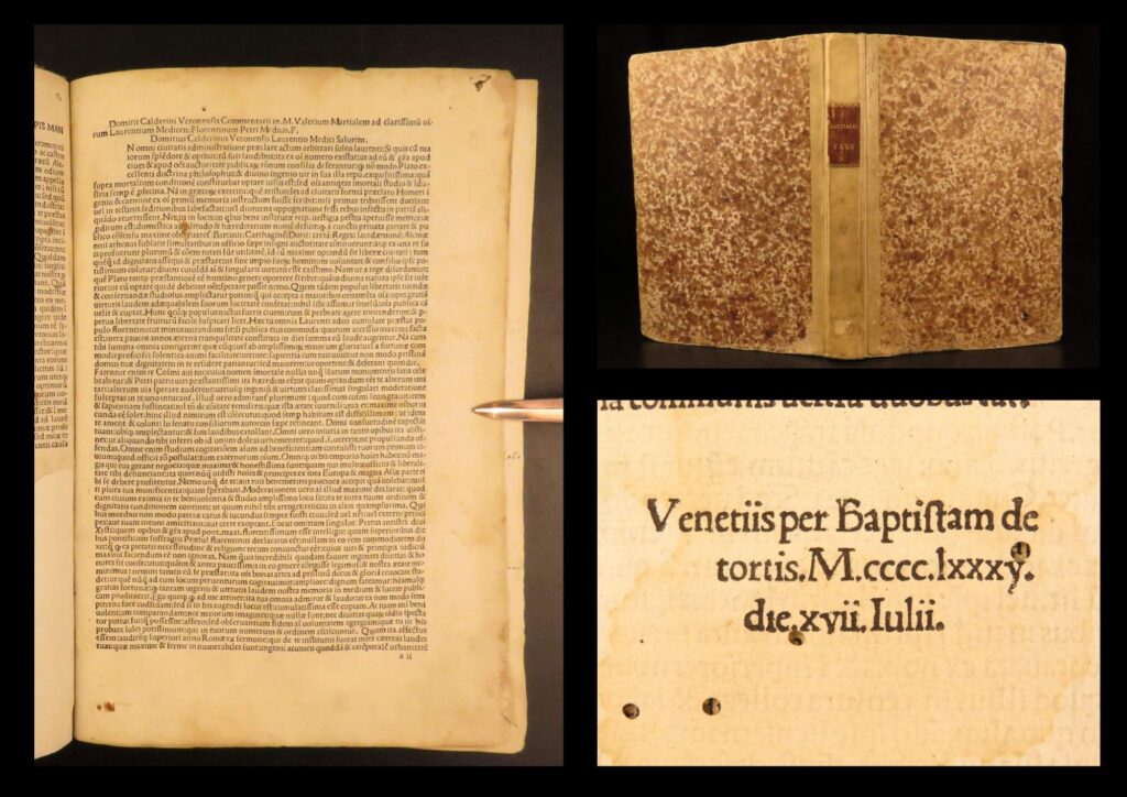 1485 – martial – epigrammata | venice incunable folio – calderinus commentary | 1485 venetian folio of martial’s epigrammata with domitius calderinus commentary, printed by baptista de tortis and dated in the colophon; recorded in istc and goff.