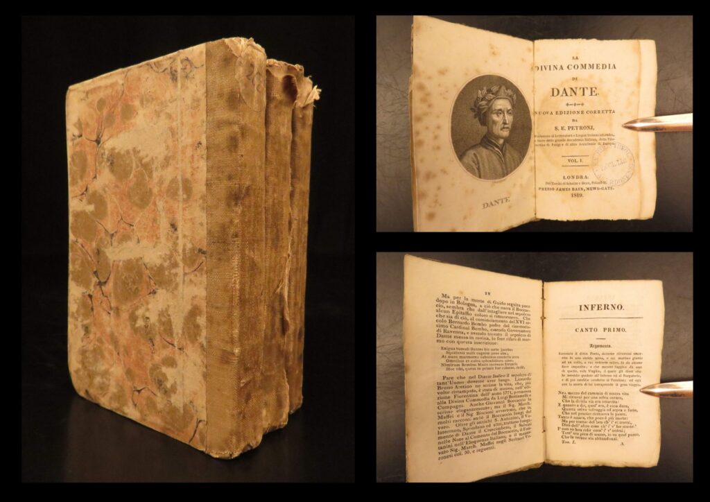 1819 – dante alighieri – divine comedy | divina commedia, petronj italian, 3v | la divina commedia by dante alighieri, edited by stefano egidio petronj and printed in london in 1819, is a complete three volume italian edition of inferno, purgatorio, and paradiso.