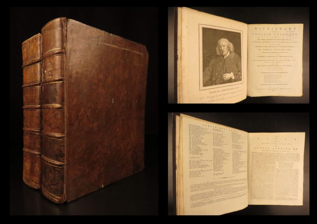 1798 – samuel johnson english dictionary | dublin ireland, two-volume set | samuel johnson’s a dictionary of the english language (dublin, 1798) in two quarto volumes, featuring over 4,000 entries, shakespearean spelling citations, and a section on english grammar, printed by r. Marchbank in full leather.