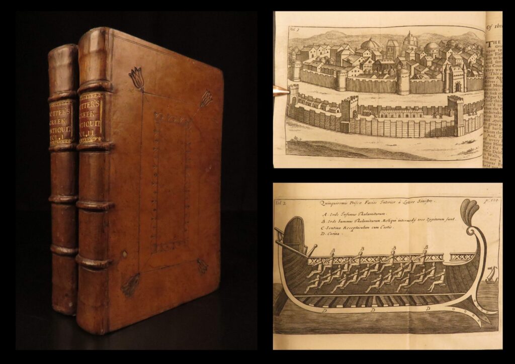 1715 – antiquities of greece – john potter | illustrated greek ruins & battles | john potter’s antiquities of greece, 1715 fourth edition, explores ancient civic and military life, including all 32 plates across two volumes with classical references and olympic themes.