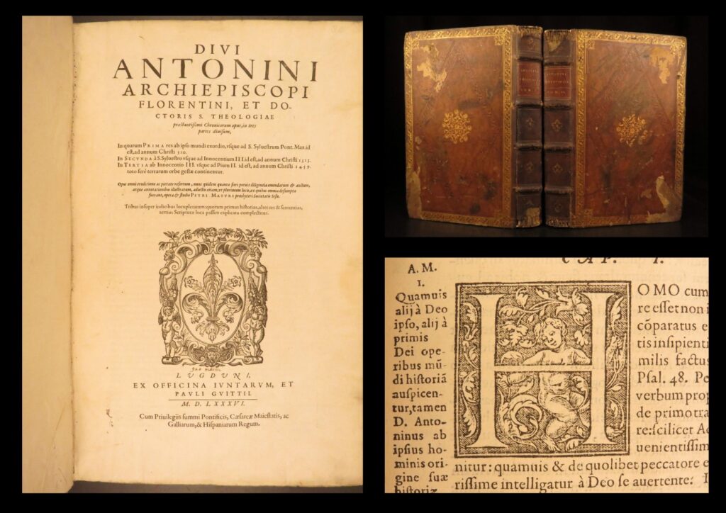 1586 – saint antoninus – chronicorum | world history – dominican, bible teaching | saint antoninus’s chronicorum opus, lyon 1586, two folio volumes in latin. A sixteenth century universal chronicle from creation to the fifteenth century, including the epistola rabbi samuelis ad rabbi isaac.