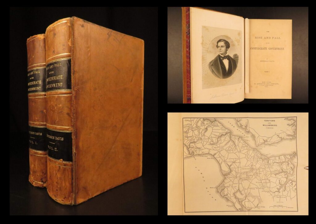 1881 confederate jefferson davis 1ed rise & fall confederacy slavery civil war | <em>“i worked night and day for twelve years to prevent the war, but i could not. The north was mad and blind, would not let us govern ourselves, and so the war came. ” </em> – jefferson davis &nbsp; jefferson davis’s ‘<em>rise and fall of the confederate government’</em> was an important book on the history of the confederate states with a plethora of explanations on the causes that led to the civil war, particularly slavery. Davis discusses the history of slavery and defended the fundamentals of its morality. &nbsp; according to nevins, this work  “…conceals more than it reveals of the inner history of the confederacy…an argumentative dissertation on secession and states’ rights. ”