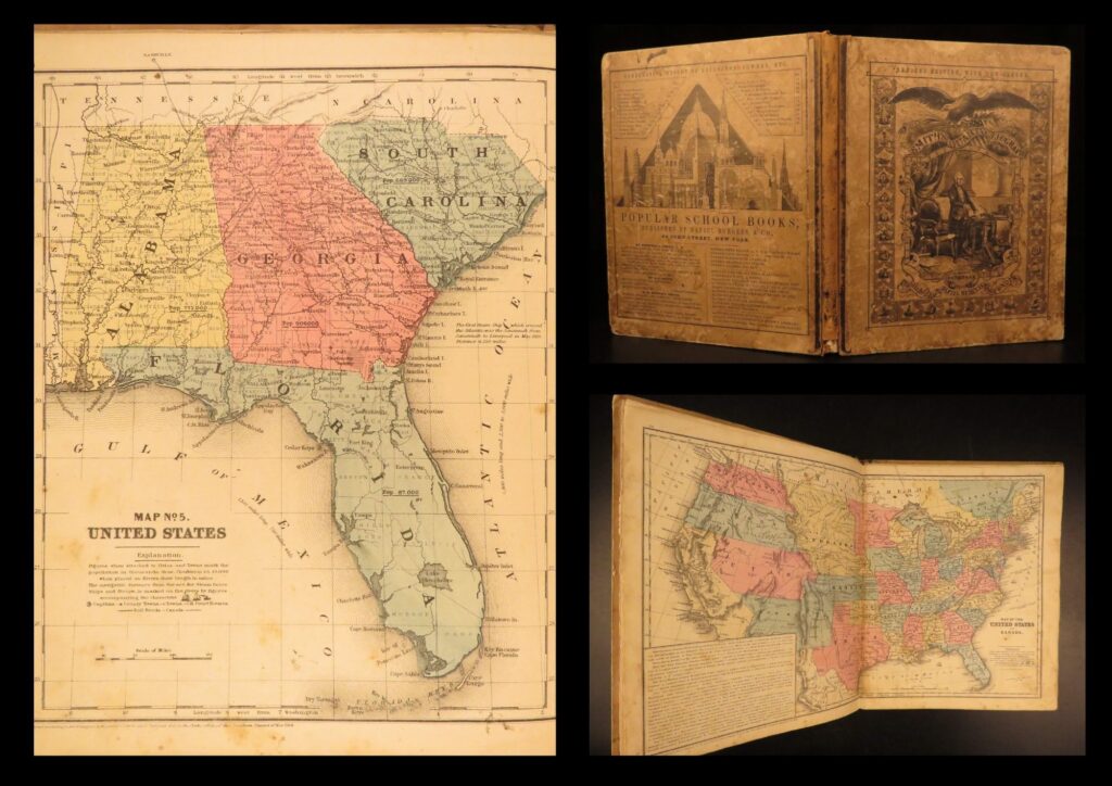 1854 atlas roswell smith geography color maps world united states mexico | roswell smith’s “<em>concise and practical system of geography</em>” is a collection of maps focusing on the united states, but includes maps of the world, europe, oceania, west indies, mexico, south america, and asia. This work was intended for use in schools and contains dozens of colored maps with statistical tables.