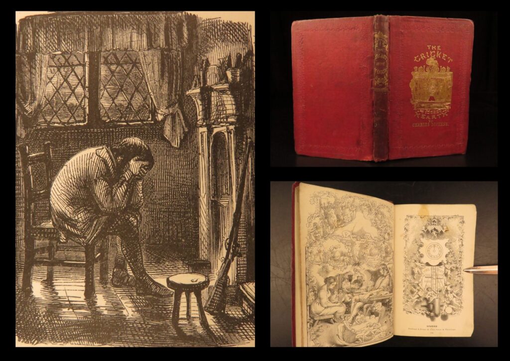 1846 – the cricket on the hearth – charles dickens | first edition, christmas literature | first edition of <em>the cricket on the hearth</em> by charles dickens (1846), with fourteen original illustrations and issued in red cloth by bradbury and evans.