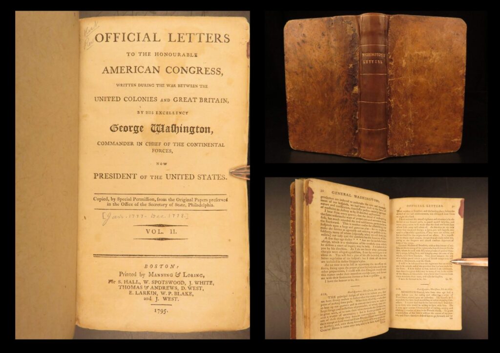 1795 – george washington official letters | united states congress, americana | 1795 boston edition of washington’s wartime correspondence to congress, issued as volume ii, held in jefferson’s library and listed in major american bibliographies.