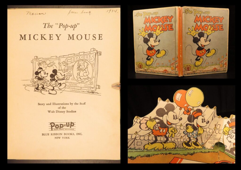 1933 – pop-up mickey mouse – walt disney studios | first edition cartoons | first edition 1933 pop-up book by walt disney studios featuring early mickey and minnie mouse with interactive scenes and original functioning pop-up illustrations.