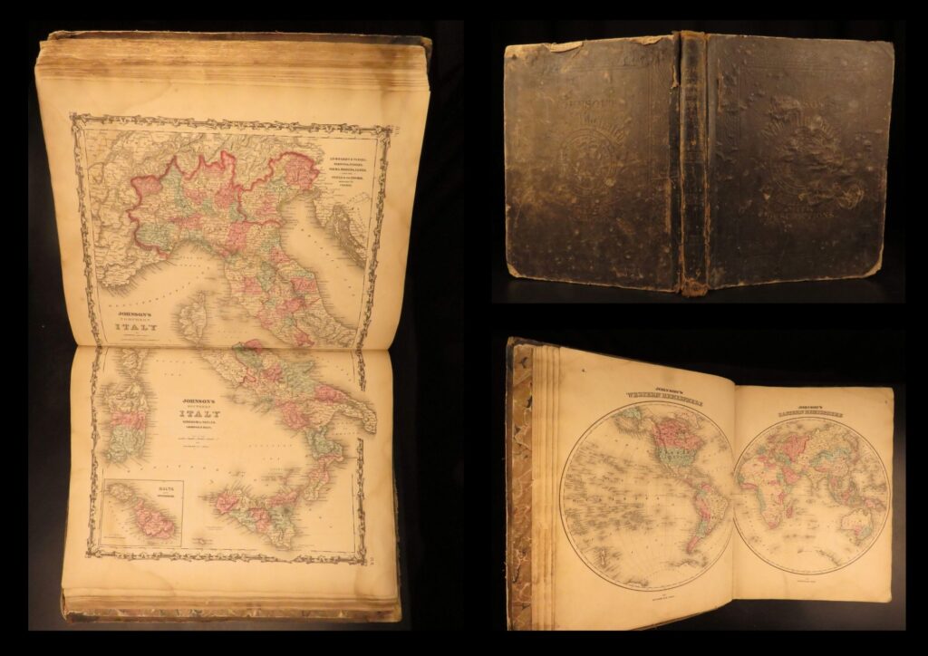 1862 – johnson’s new family atlas | enormous hand-colored maps | world maps | johnson’s 1862 folio atlas includes 97 original hand-colored maps engraved by j. H. Colton, covering u. S. States, cities, and world regions with added physical and statistical texts.