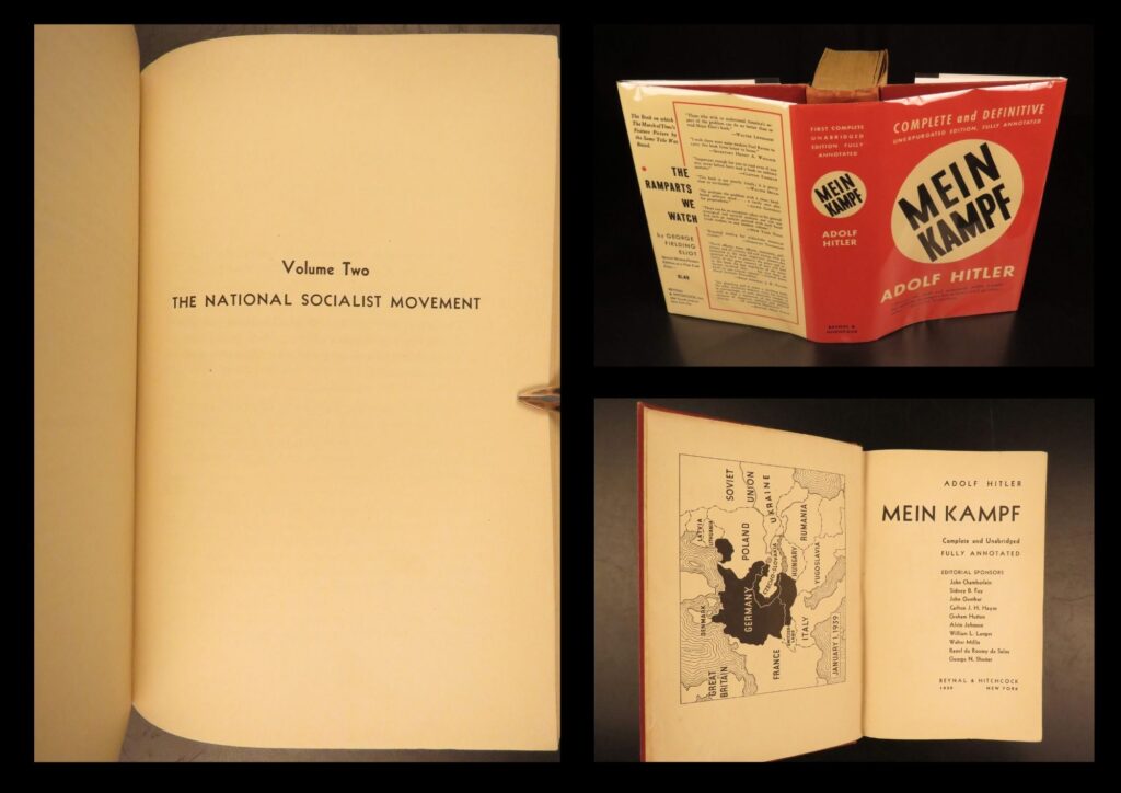 Mein kampf – adolf hitler – 1939 | first american edition, unabridged | this first american edition of adolf hitler’s mein kampf, published in 1939, was printed to educate and inform u. S. Readers about the dangers of nazi ideology. The text is unabridged and annotated, and includes a map of europe.