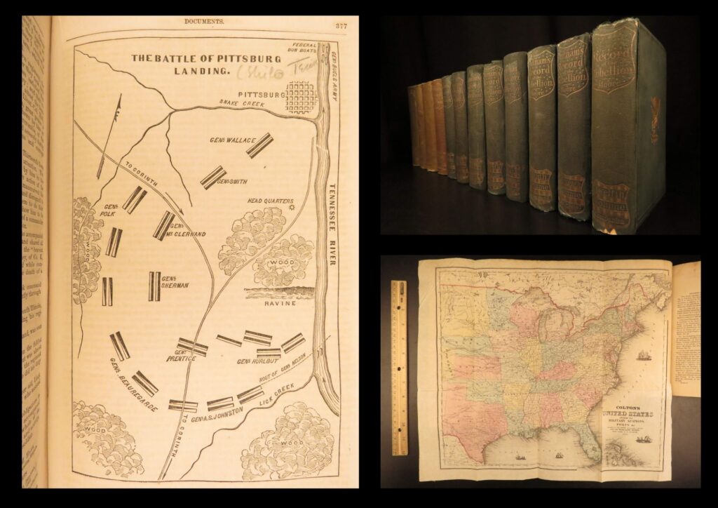 1861 – rebellion record – moore | famous events of american civil war 12v | an incredibly rare complete 12-volumes set of ‘<em>the rebellion record</em>. ’ edited by frank moore, he compiled one of the most important sources on civil war documents. Contents include a myriad of historical documents, maps, portraits, and war-time advertisements. Most of this work consists of official reports from various battles, notably a fascinating description of the battle of bull run. Also included are letters and speeches of numerous american politicians. <em> </em> <em>according to sabin,</em> “this work is an impartial embodiment of all that is valuable on the subject and is for the rebellion what almon’s ‘remembrancer’ is for the revolution. ”