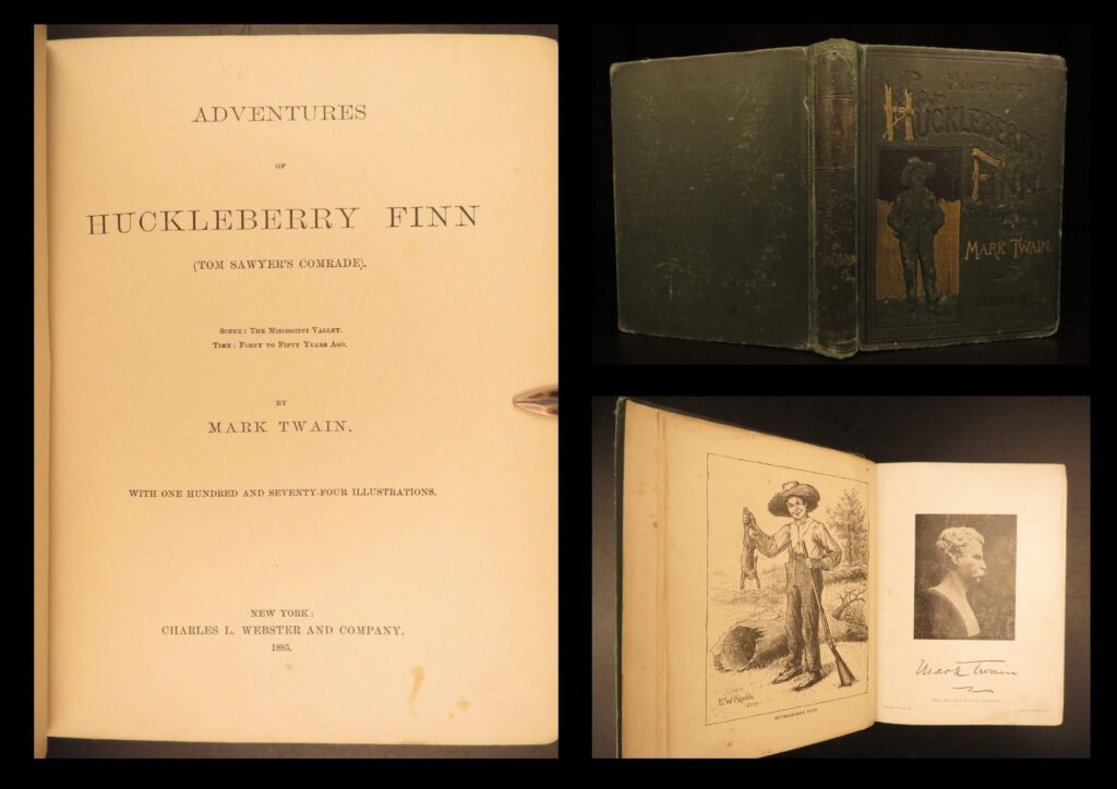 1885 – adventures of huckleberry finn – mark twain | first printing in original green cloth | 1885 huckleberry finn twain first printing in original green cloth with first state points. Early american classic in original binding.