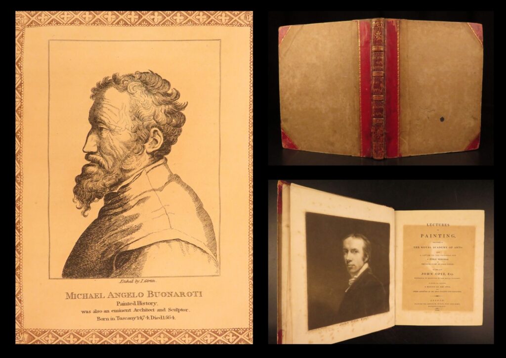 1809 – lectures on paining by john opie | art history, royal academy portraits | first edition of lectures on painting by john opie (1809), featuring his royal academy discourses and numerous portrait engravings of historic painters including michelangelo and titian.