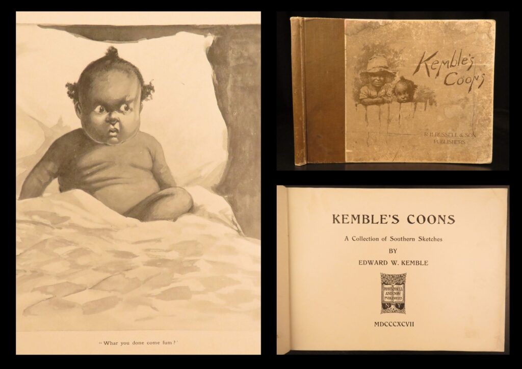 1897 – kemble’s coons | african american racist caricatures | first edition | 1897 first edition of kemble’s coons by e. W. Kemble, featuring illustrated caricatures and rhymed text in oblong format, published by r. H. Russell and son in new york.