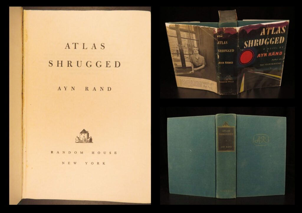 1957 – atlas shrugged, ayn rand | first edition with original dust jacket | 1957 first edition of atlas shrugged by ayn rand, featuring themes of capitalism and resistance to collectivism. Original green cloth with jacket, “first printing” stated.