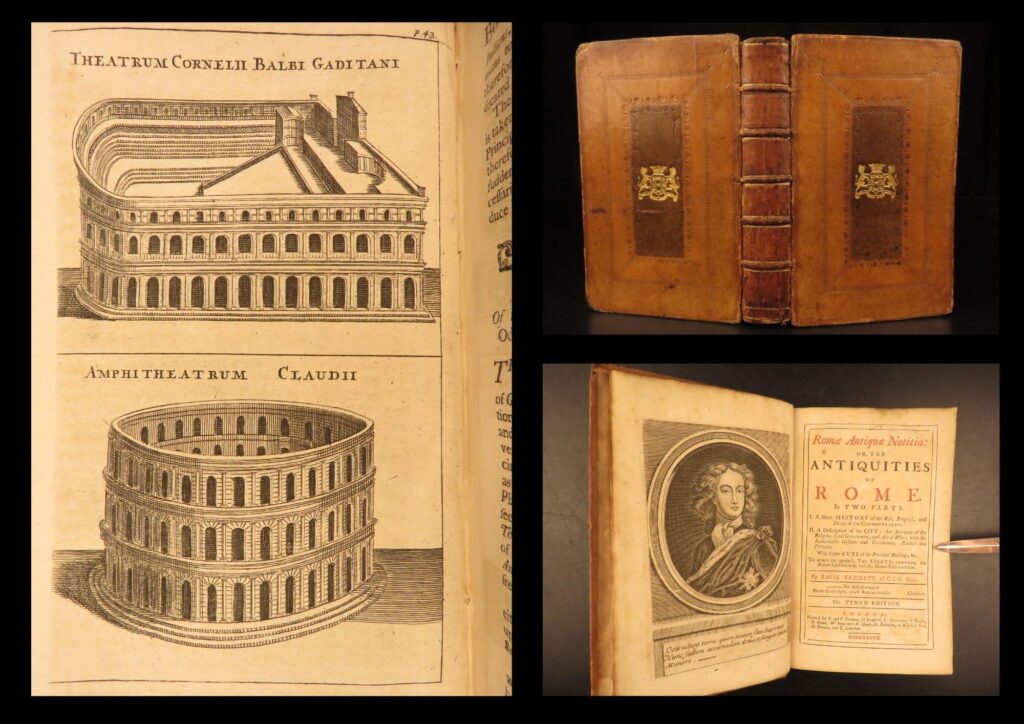 1737 – antiquities of rome – basil kennett | roman gladiators & war, illustrated | 1737 london printing of basil kennett’s romae antiquae notitia, examining roman government, religion, military life, and public customs, with eleven engraved folding plates.