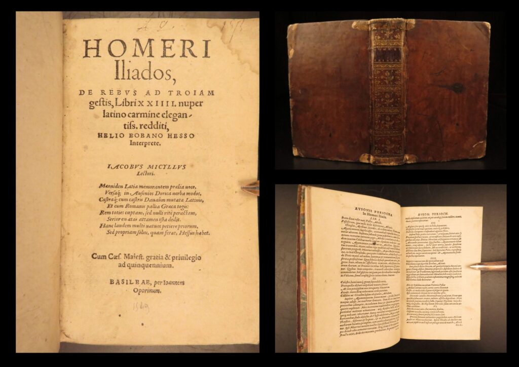 1549 – the iliad by homer | eobanus hessus latin | famous greek mythology | 1549 basel edition of homeri iliados by homer, printed by ioannem oporinum, containing the twenty-four books of the iliad in latin verse in a compact sixteenth-century format.