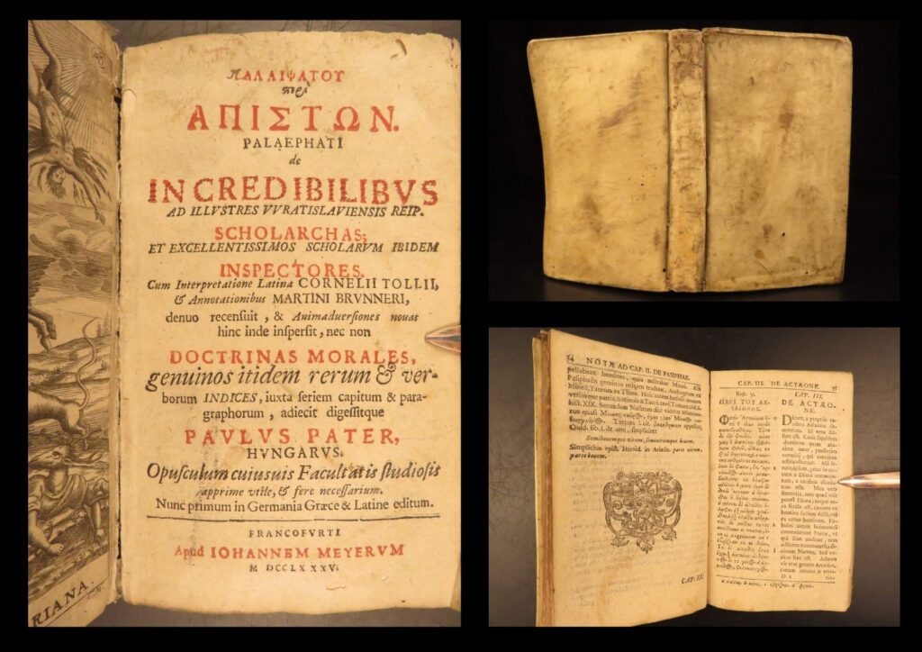 1685 – palaephatus | mythology monsters – centaurs, hydras, & cerberus! | <em>palaifatou peri apistōn</em> by palaephatus, frankfurt 1685, greek and latin in parallel, an early text proposing historical explanations for greek myths, in full vellum.
