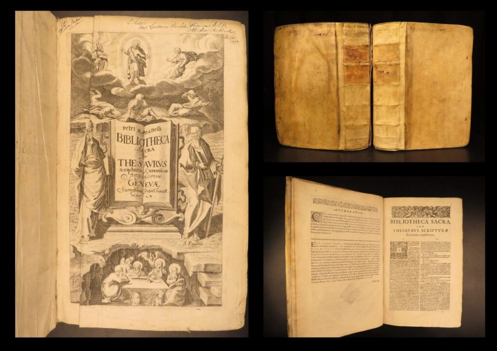 1660 – holy bible thesaurus – ravanellus | vellum folios, scripture reference | bibliotheca sacra seu thesaurus scripturae canonicae amplissimus by petrus ravanellus, geneva 1660, is a large latin folio biblical lexicon; two volumes, in vellum.
