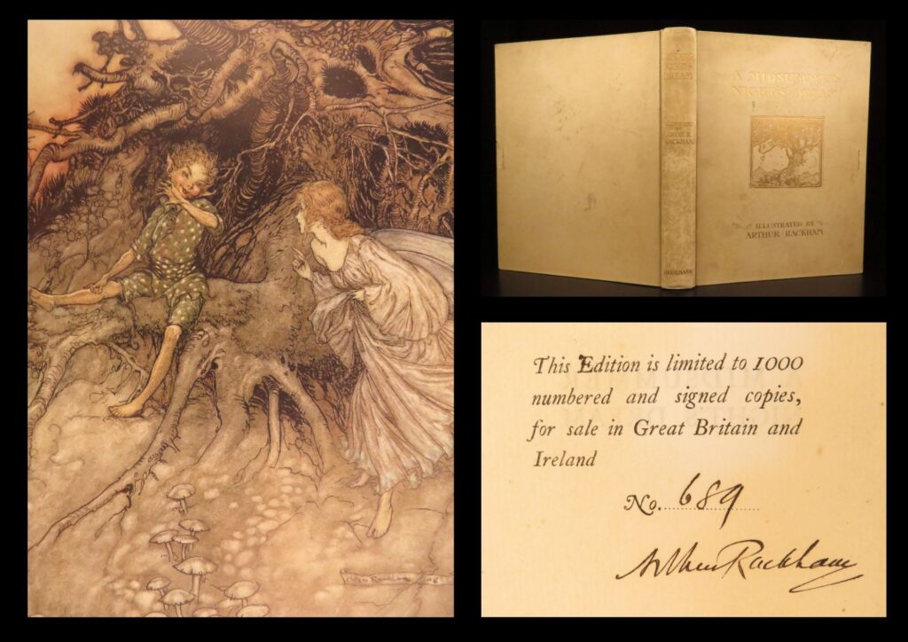 1908 – a midsummer night’s dream – shakespeare | illustrated & signed by arthur rackham | signed limited 1908 edition of a midsummer night’s dream by william shakespeare, illustrated by arthur rackham with 40 full-page color plates, copy 689 of 1000 in full vellum.