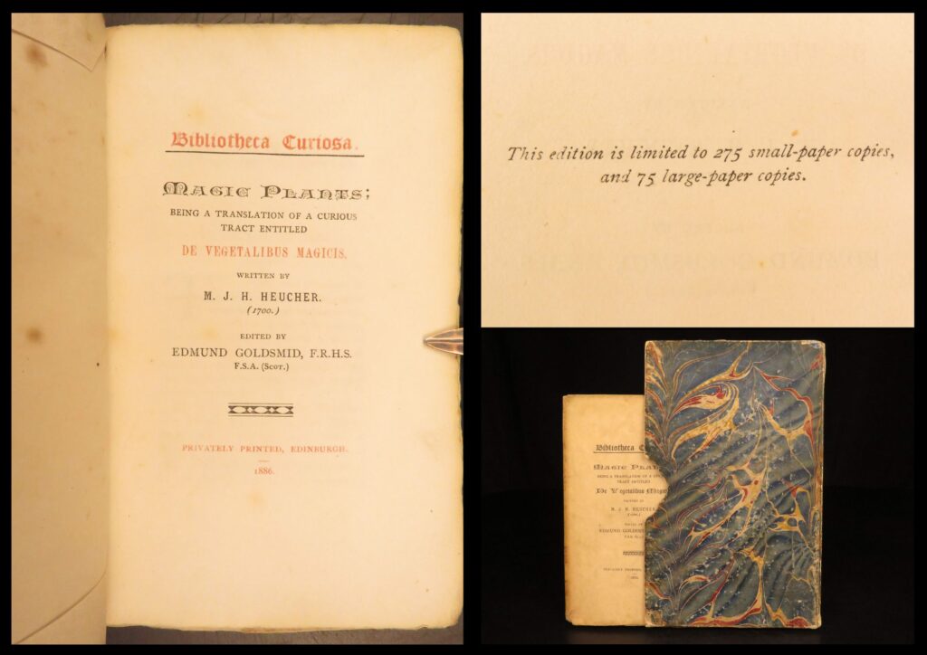 1886 – magic plants – heucher | mystical occult medicine, supernatural mandrake | magic plants by johann heinrich heucher, translated by edmund goldsmid and privately printed in edinburgh in 1886, presents an english version of de vegetalibus magicis discussing mandrake, henbane, belladonna, and european plant lore.