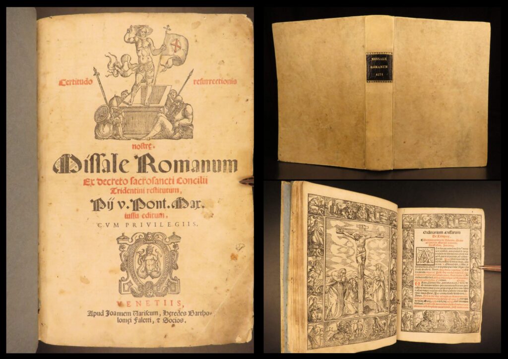 1571 – missale romanum – catholic church | full vellum folio, full-page chant | catholic church’s 1571 missale romanum printed in venice, features latin liturgy, chants, and hymns framed in decorative borders, bound in full vellum.