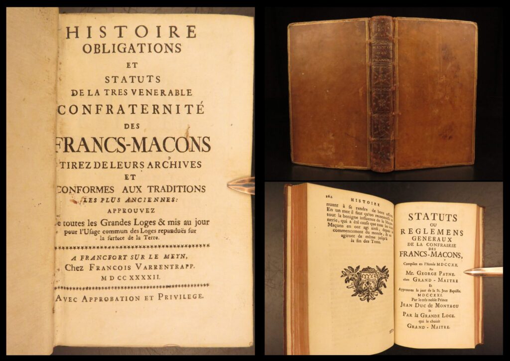 1742 – history of freemasonry | anderson & la tierce | french masonic constitutions | 1742 printing of anderson’s masonic constitutions in french translation by louis-françois de la tierce, containing lodge history, member obligations, directions for establishing lodges, and masonic songs.