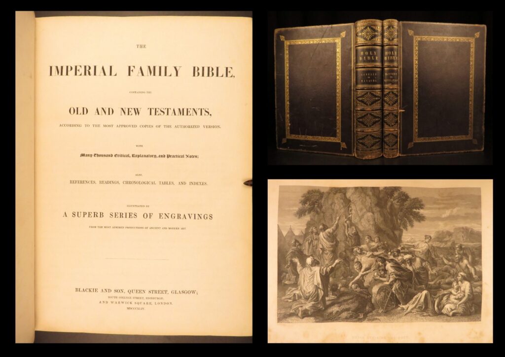 1844 – enormous, imperial family bible | full-page folio engravings | 2vols | large illustrated 1844 imperial family bible printed in glasgow by blackie and son, two folio volumes with engraved biblical plates after works associated with poussin, raphael, titian, and henry richter.