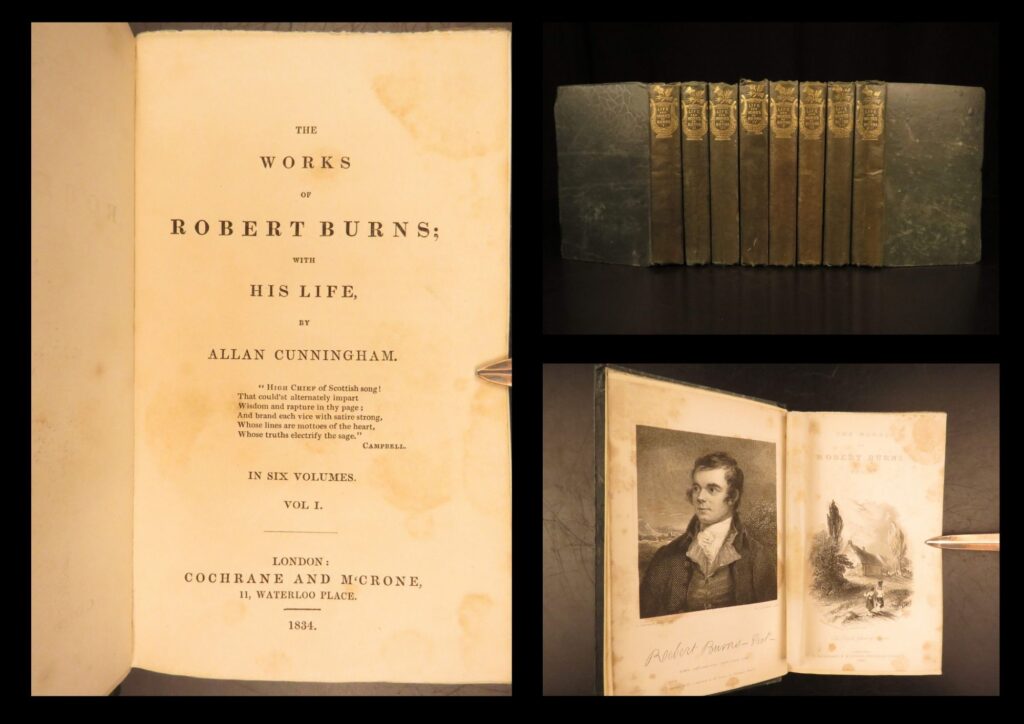 1834 – works of robert burns | famous scottish poetry | 8v set | 1834 london edition of the works of robert burns in eight volumes including a life of burns by allan cunningham and a collected selection of poems and songs central to scottish literary tradition.