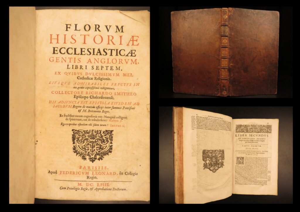 1654 – ecclesiastical history of england | first edition, catholic vs protestant | florum historiae ecclesiasticae gentis anglorum by richard smith, paris 1654 first edition folio. Latin catholic history of christianity in england referencing augustine of canterbury, bede, and early northumbrian rulers.