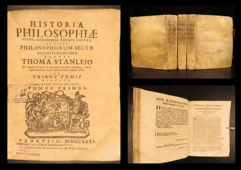 1731 – history of philosophy – thomas stanley | first edition – famous philosophers | thomas stanley’s historia philosophiae (1731), first latin edition in three volumes printed in venice, presents biographical accounts and teachings of classical greek and roman philosophers including socrates, plato, aristotle, and pythagoras.